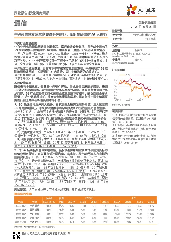 通信行业研究周报：中兴经营恢复运营商集采快速落地，长期看好通信5G大趋势