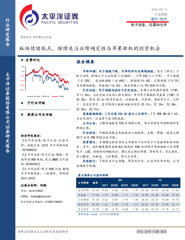 电子设备、仪器和元件行业周报：板块情绪低点，继续关注业绩确定性与苹果新机的投资机会