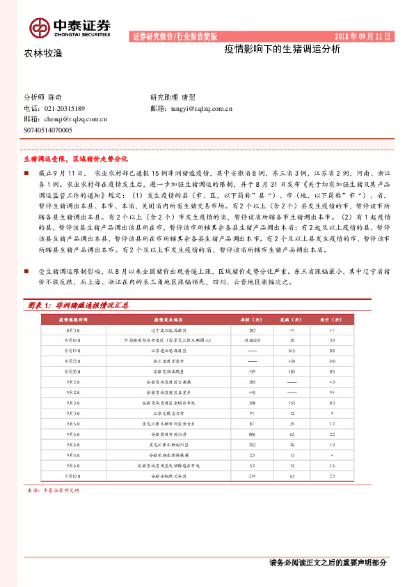 农林牧渔行业报告简版：疫情影响下的生猪调运分析