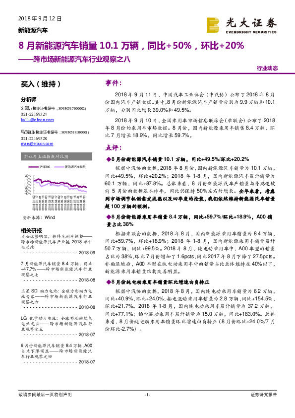 跨市场新能源汽车行业观察之八：8月新能源汽车销量10.1万辆，同比+50%，环比+20%
