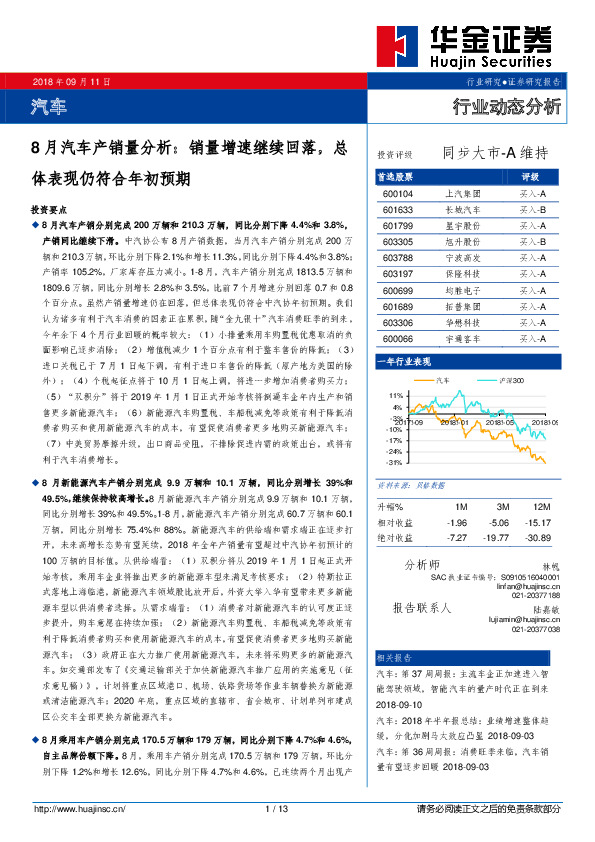 8月汽车产销量分析：销量增速继续回落，总体表现仍符合年初预期