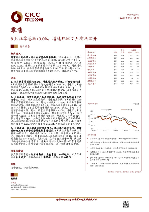 零售：8月社零总额+9.0%，增速环比7月有所回升