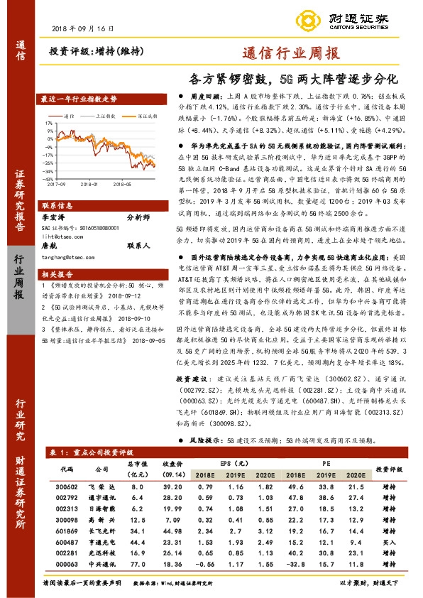 通信行业周报：各方紧锣密鼓，5G两大阵营逐步分化