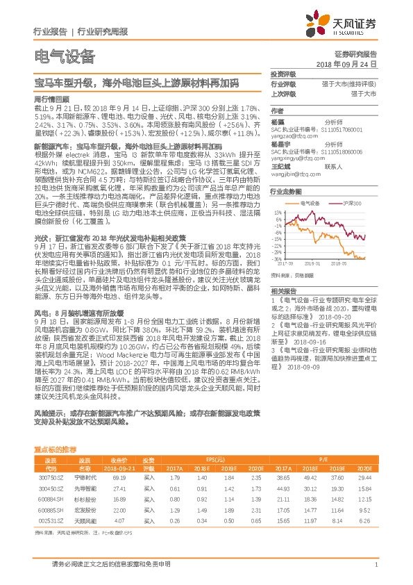 电气设备行业研究周报：宝马车型升级，海外电池巨头上游原材料再加码