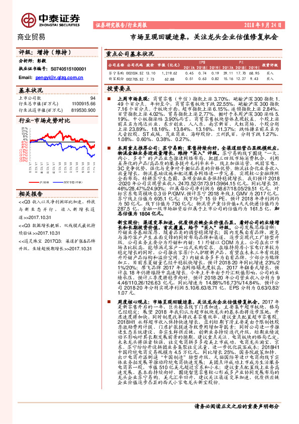 商业贸易行业周报：市场呈现回暖迹象，关注龙头企业估值修复机会