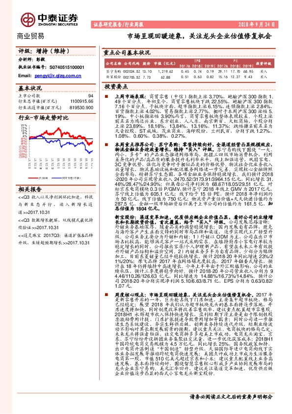 商业贸易行业周报：市场呈现回暖迹象，关注龙头企业估值修复机会