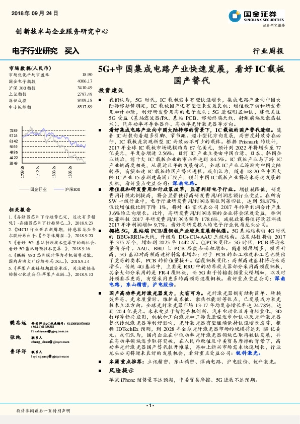 电子行业研究周报：5G+中国集成电路产业快速发展，看好IC载板国产替代