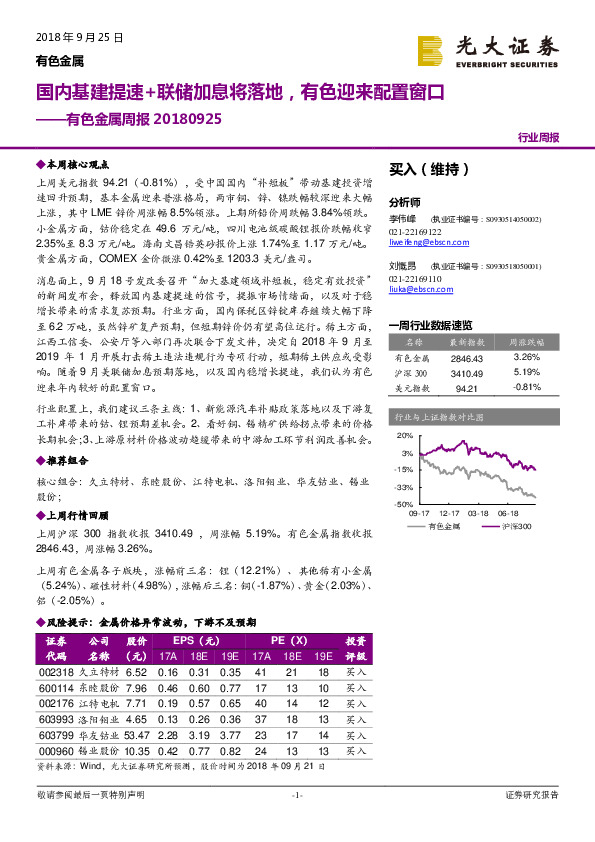 有色金属周报：国内基建提速+联储加息将落地，有色迎来配置窗口
