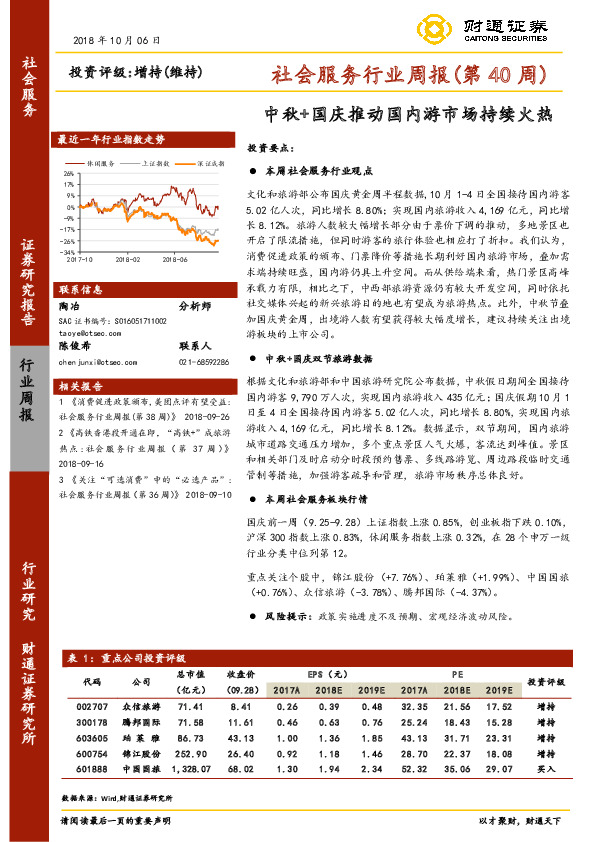 社会服务行业周报（第40周）：中秋+国庆推动国内游市场持续火热