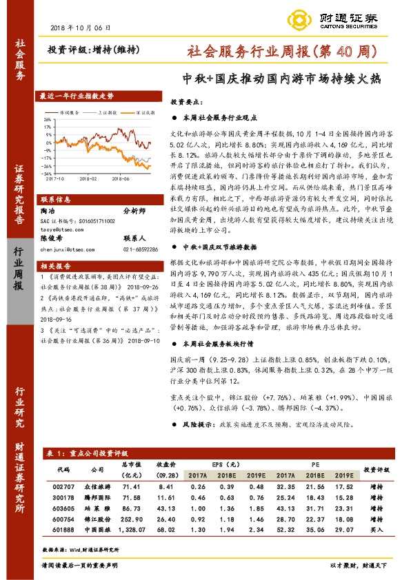 社会服务行业周报（第40周）：中秋+国庆推动国内游市场持续火热