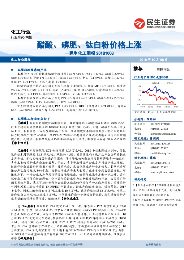 化工周报：醋酸、磷肥、钛白粉价格上涨