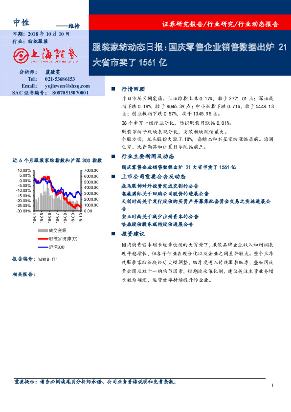 服装家纺动态日报：国庆零售企业销售数据出炉 21大省市卖了1561亿