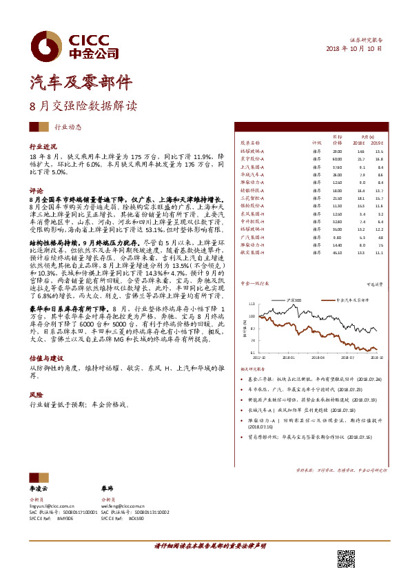 汽车及零部件行业动态：8月交强险数据解读