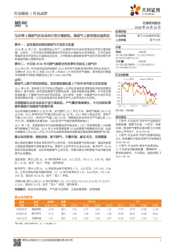 燃气行业点评：马必等3煤层气区块总体开发方案获批，煤层气上游发展加速推进