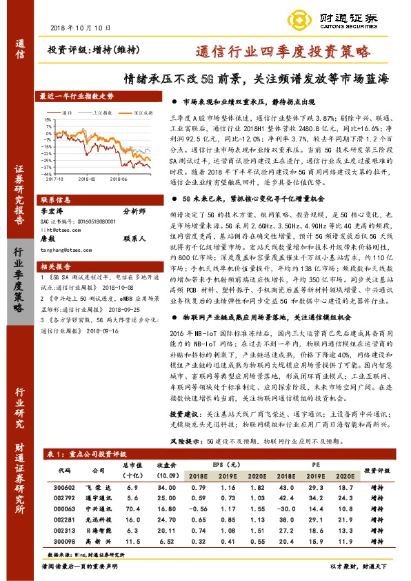 通信行业四季度投资策略：情绪承压不改5G前景，关注频谱发放等市场蓝海