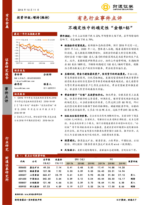 有色行业事件点评：不确定性中的确定性“金银+铝”