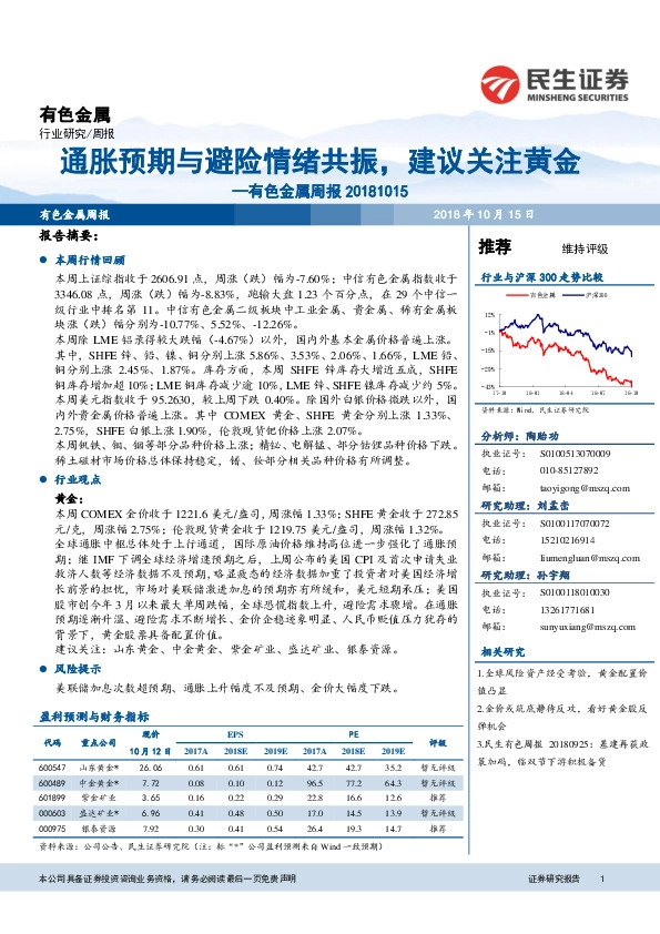 有色金属周报：通胀预期与避险情绪共振，建议关注黄金