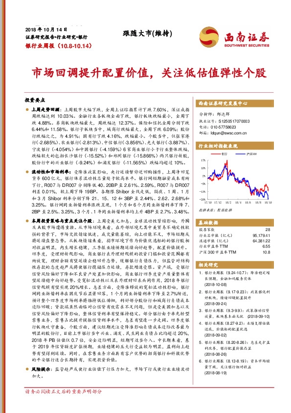 银行业周报：市场回调提升配置价值，关注低估值弹性个股
