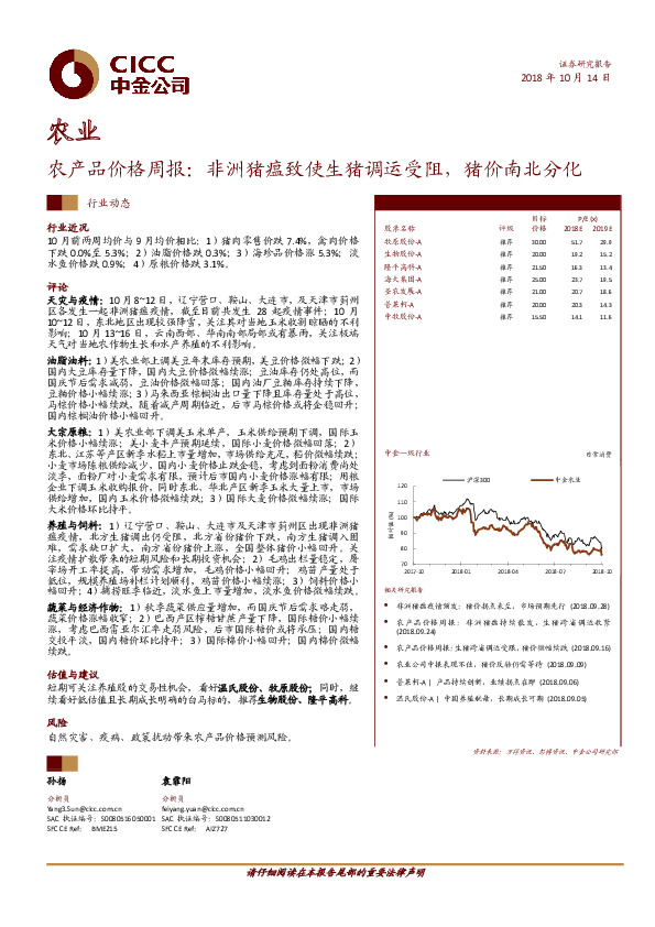 农产品价格周报：非洲猪瘟致使生猪调运受阻，猪价南北分化