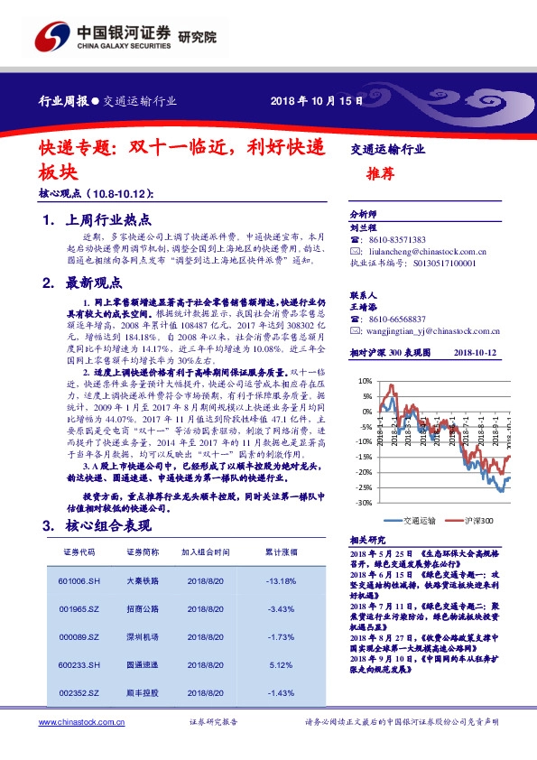 交通运输行业周报：快递专题：双十一临近，利好快递板块