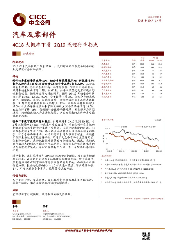 汽车及零部件：4Q18大概率下滑 2Q19或迎行业拐点