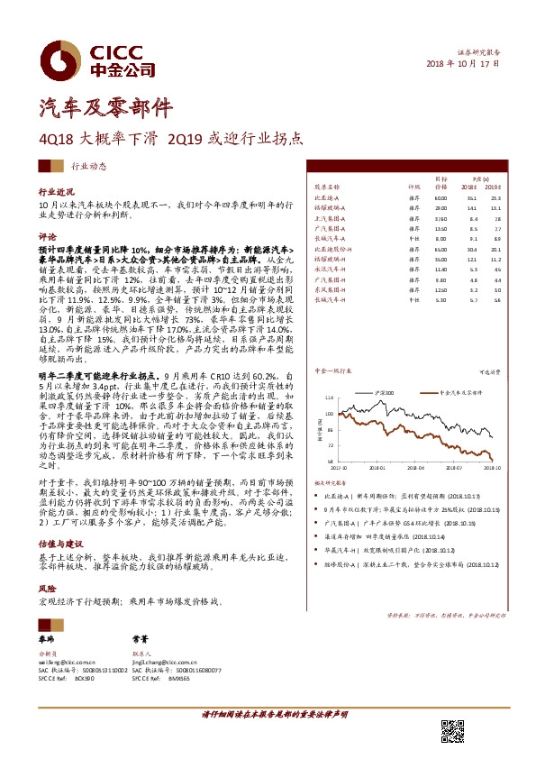 汽车及零部件：4Q18大概率下滑 2Q19或迎行业拐点