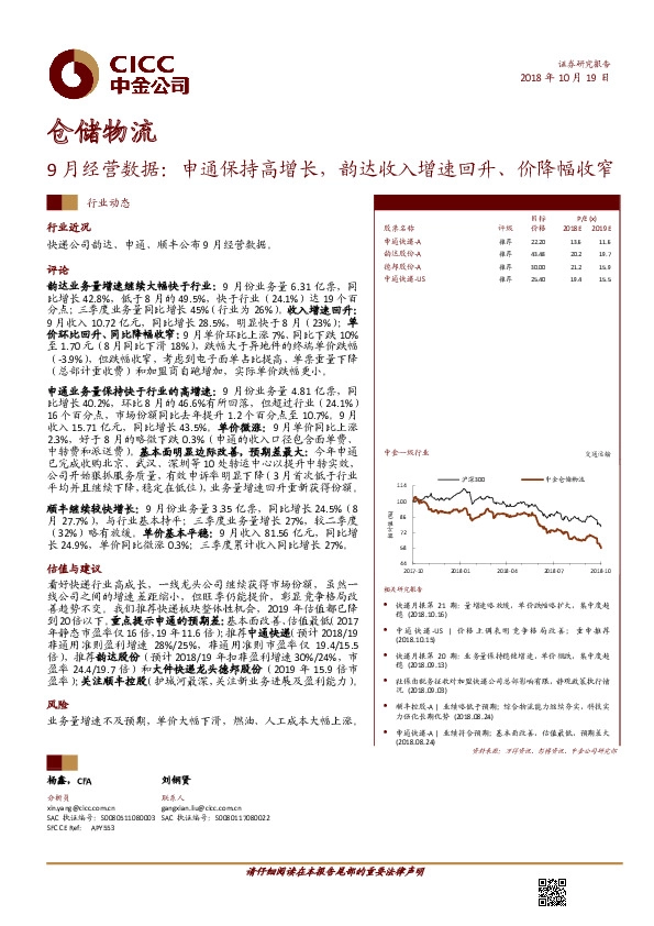 仓储物流行业9月经营数据：申通保持高增长，韵达收入增速回升、价降幅收窄