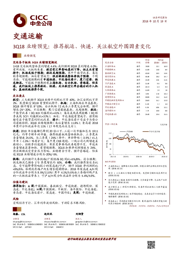 交通运输3Q18业绩预览：推荐航运、快递，关注航空外围因素变化