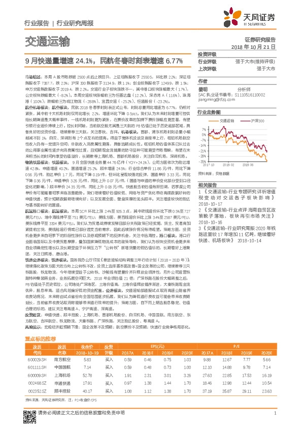 交通运输行业研究周报：9月快递量增速24.1%，民航冬春时刻表增速6.77%