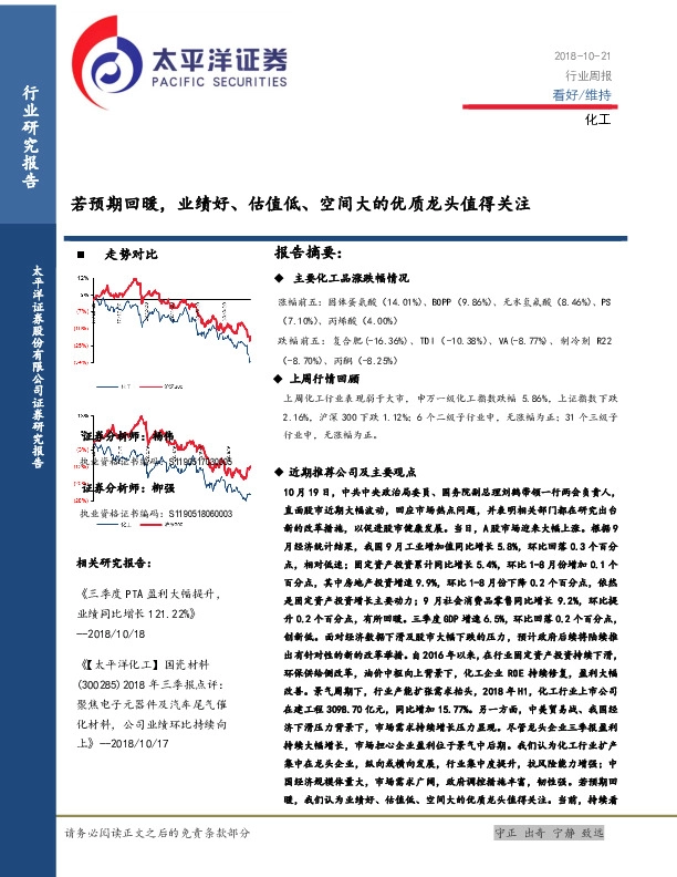 化工行业周报：若预期回暖，业绩好、估值低、空间大的优质龙头值得关注