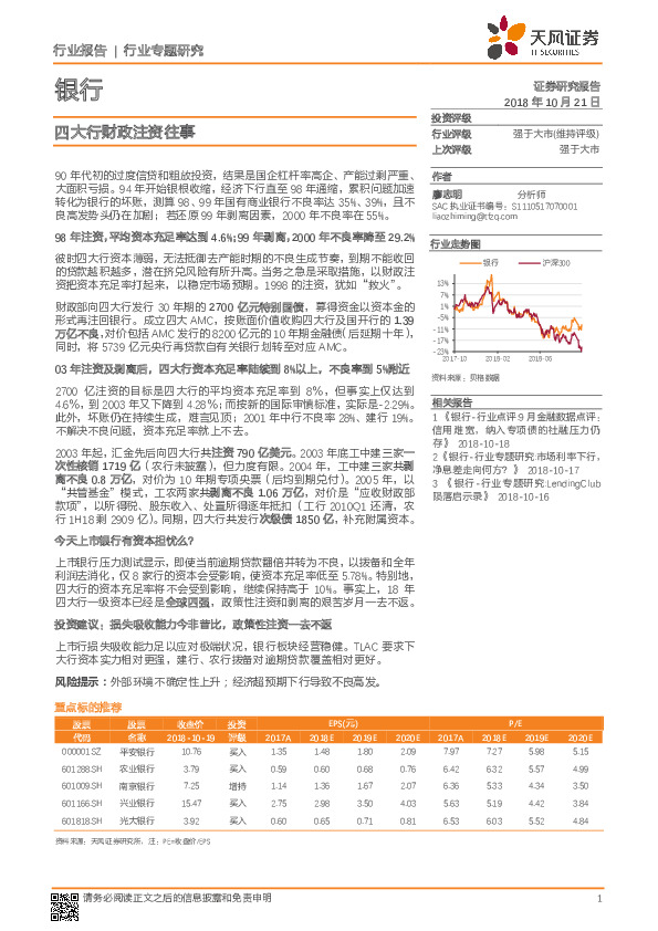 银行行业专题研究：四大行财政注资往事