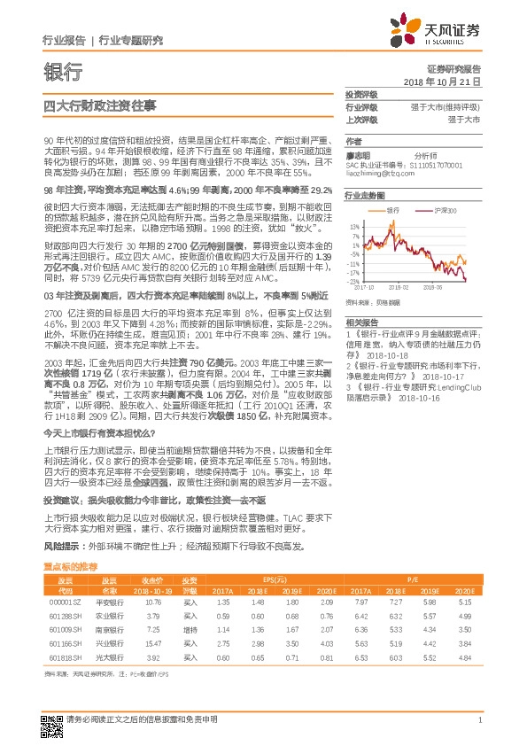 银行行业专题研究：四大行财政注资往事