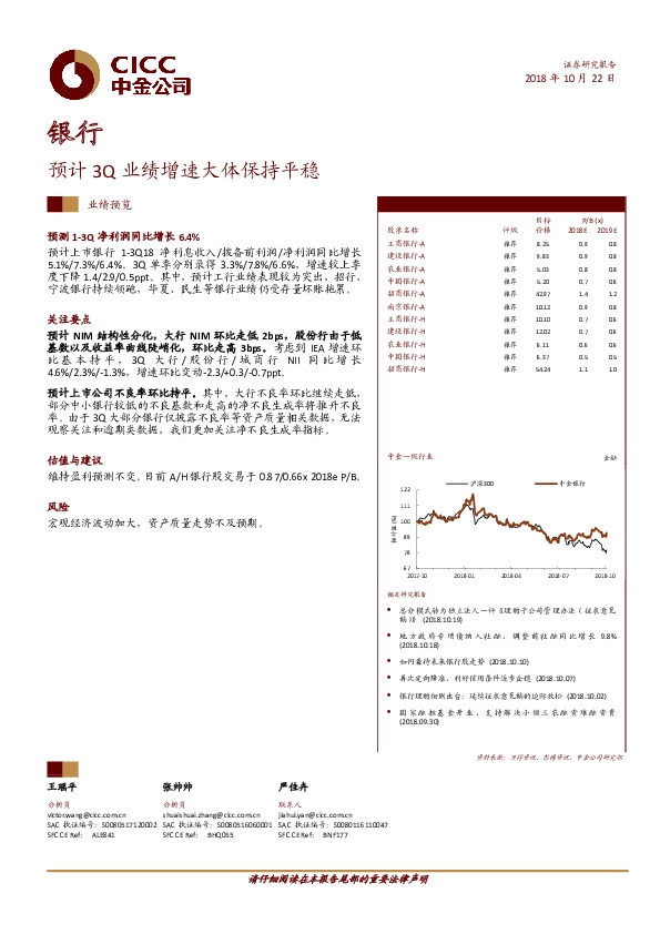 银行：预计3Q业绩增速大体保持平稳