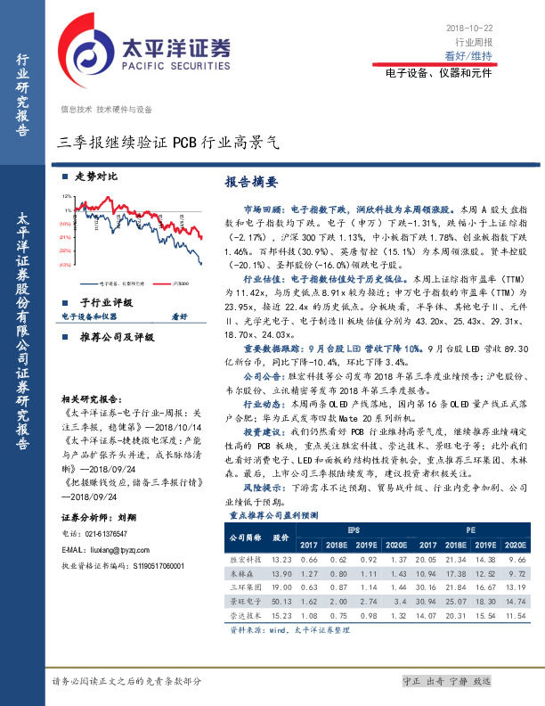 电子设备、仪器和元件行业周报：三季报继续验证PCB行业高景气