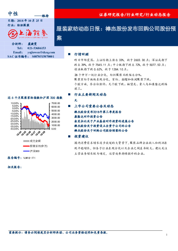 服装家纺动态日报：棒杰股份发布回购公司股份预案