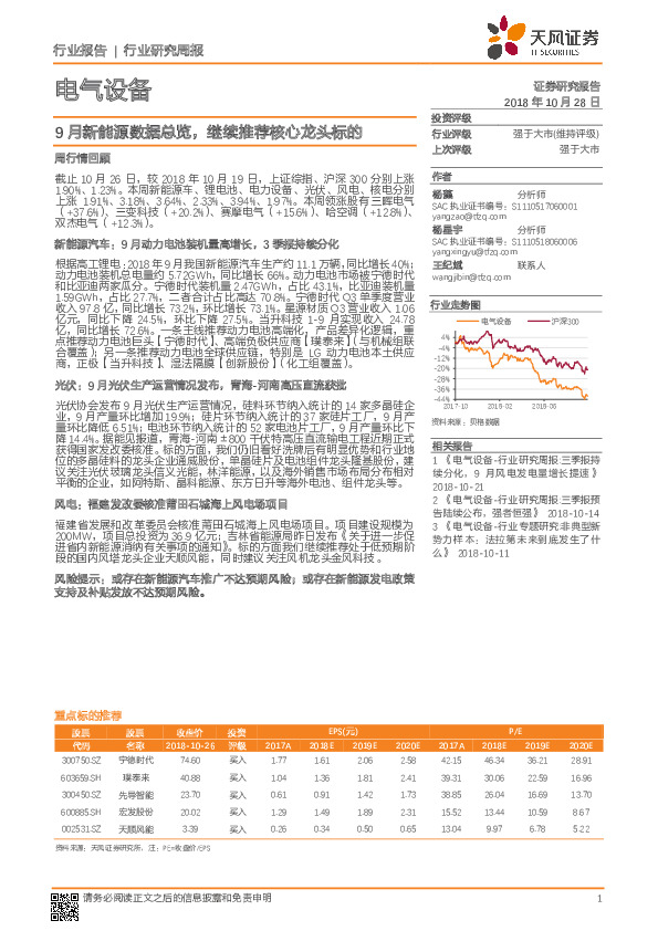 电气设备行业研究周报：9月新能源数据总览，继续推荐核心龙头标的