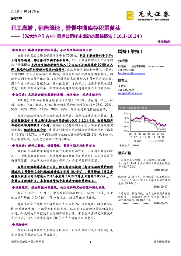 【光大地产】A+H重点公司样本库动态跟踪报告：开工高增，销售降速，警惕中期库存积累苗头