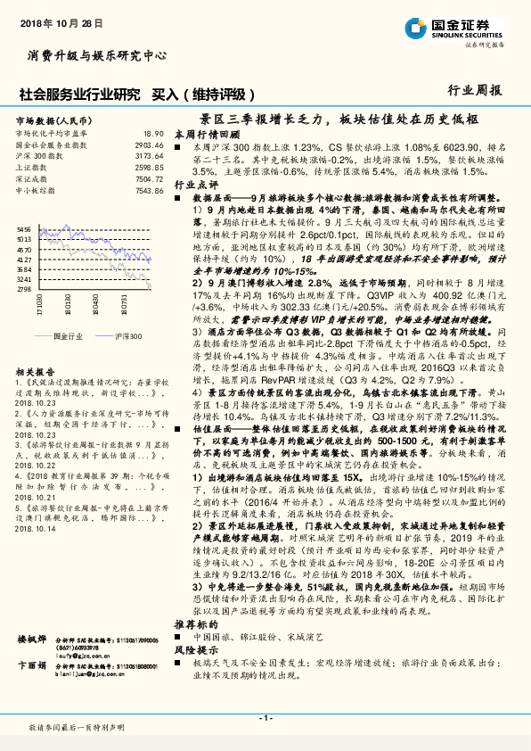 社会服务业行业周报：景区三季报增长乏力，板块估值处在历史低枢
