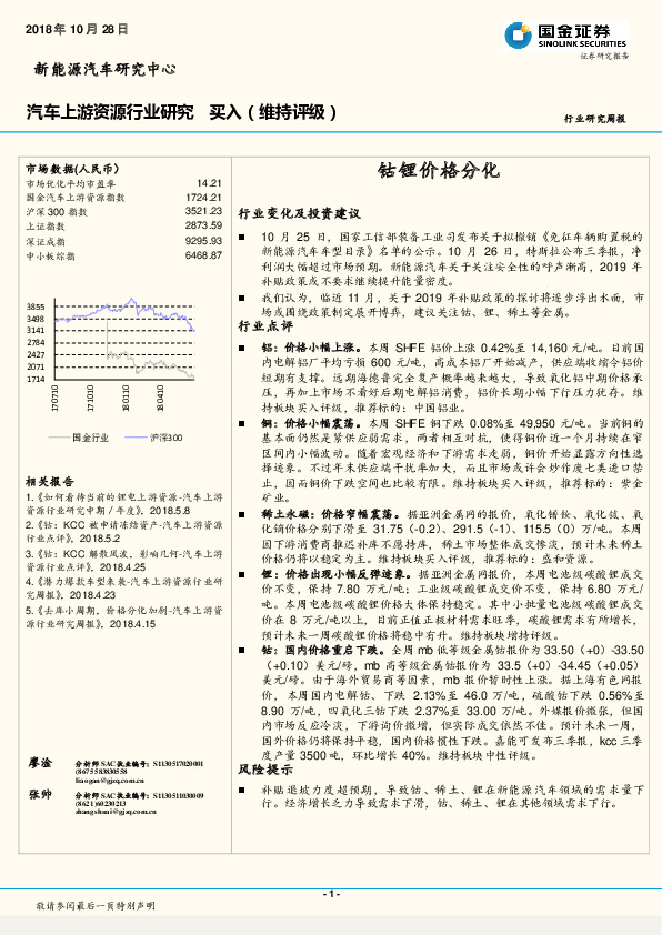 汽车上游资源行业研究：钴锂价格分化