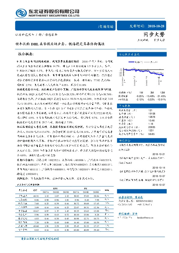东北证券-交通运输-顺丰收购DHL在华供应链业务,铁路稳定具备防御属性-181028