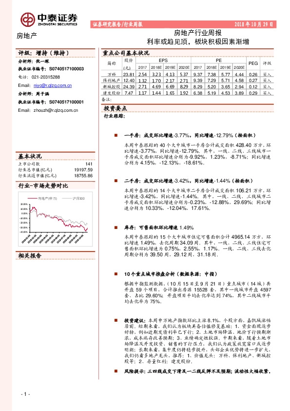 房地产行业周报：利率或趋见顶，板块积极因素渐增