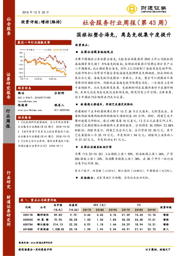 社会服务行业周报（第43周）：国旅拟整合海免，离岛免税集中度提升
