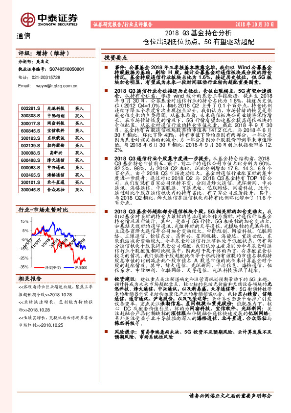通信行业2018Q3基金持仓分析：仓位出现低位拐点，5G有望驱动超配