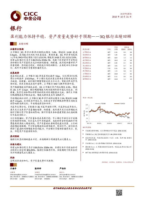3Q银行业绩回顾：盈利能力保持平稳，资产质量走势好于预期