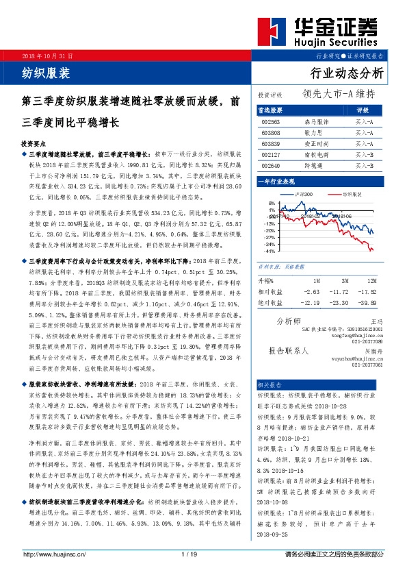 纺织服装行业动态分析：第三季度纺织服装增速随社零放缓而放缓，前三季度同比平稳增长