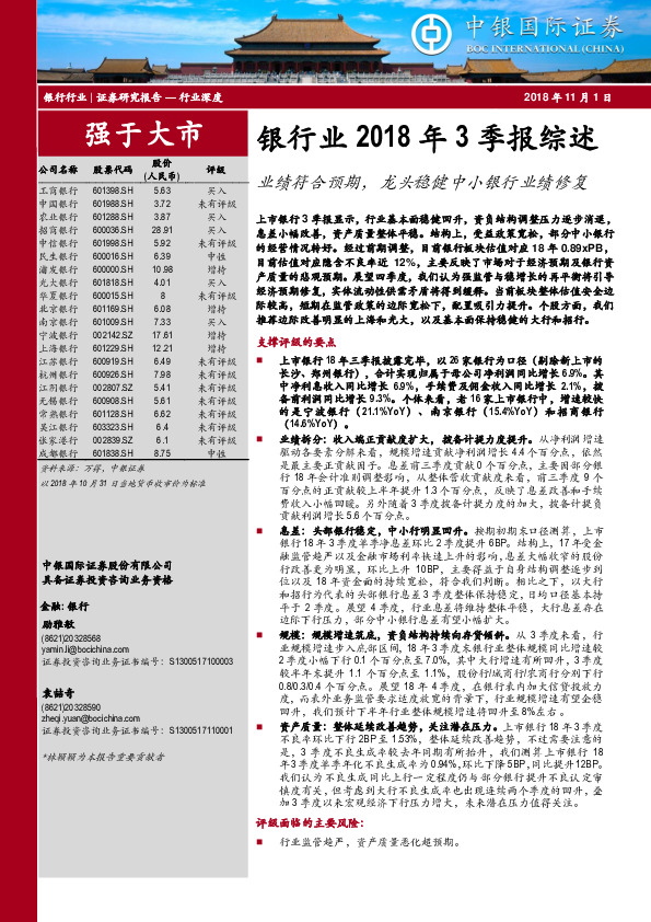 银行业2018年3季报综述：业绩符合预期，龙头稳健中小银行业绩修复