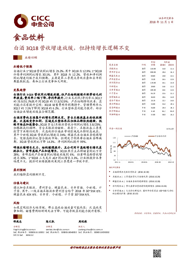 食品饮料行业业绩回顾：白酒3Q18营收增速放缓，但持续增长逻辑不变