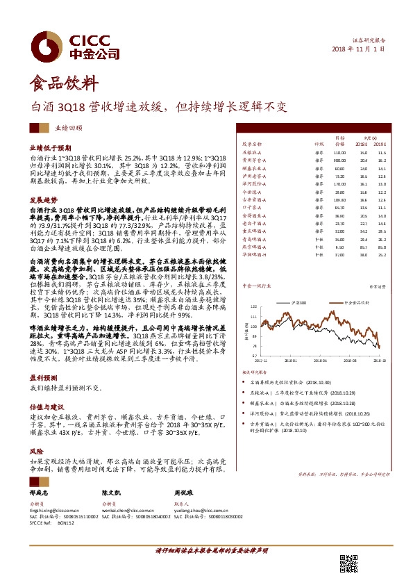 食品饮料行业业绩回顾：白酒3Q18营收增速放缓，但持续增长逻辑不变