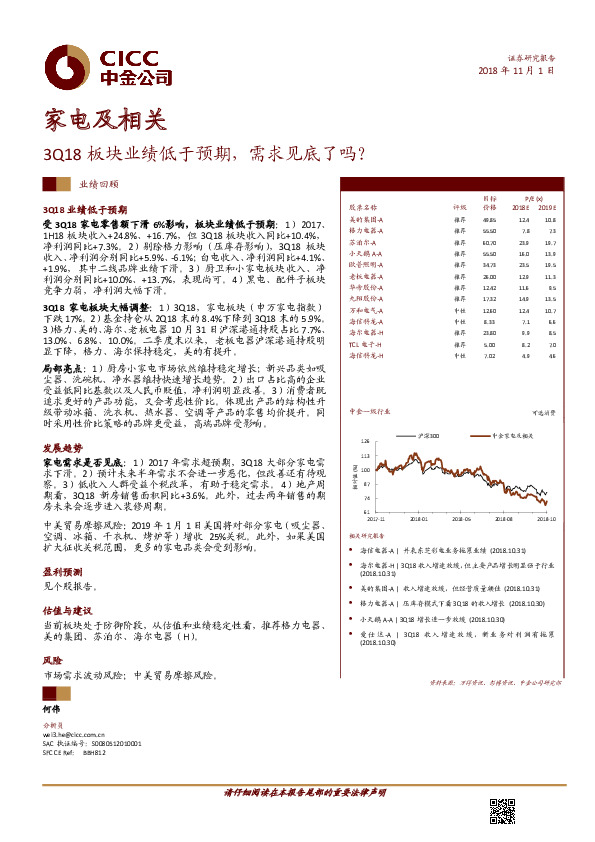 家电及相关：3Q18板块业绩低于预期，需求见底了吗？