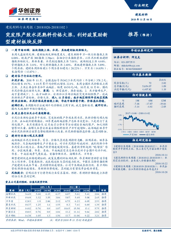 建筑材料行业周报：突发限产致水泥熟料价格大涨，利好政策助新型建材板块反弹